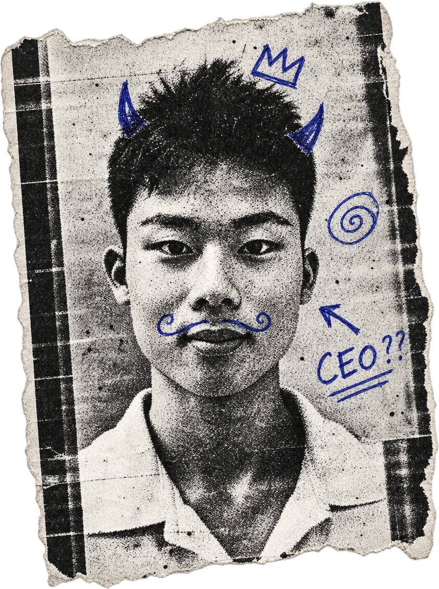 Photocopied portrait of Yusei Fujii, defaced in ballpoint with horns, a crown, a mustache and the words CEO??