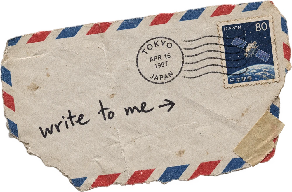 Torn airmail envelope with a satellite stamp, handwritten: write to me →